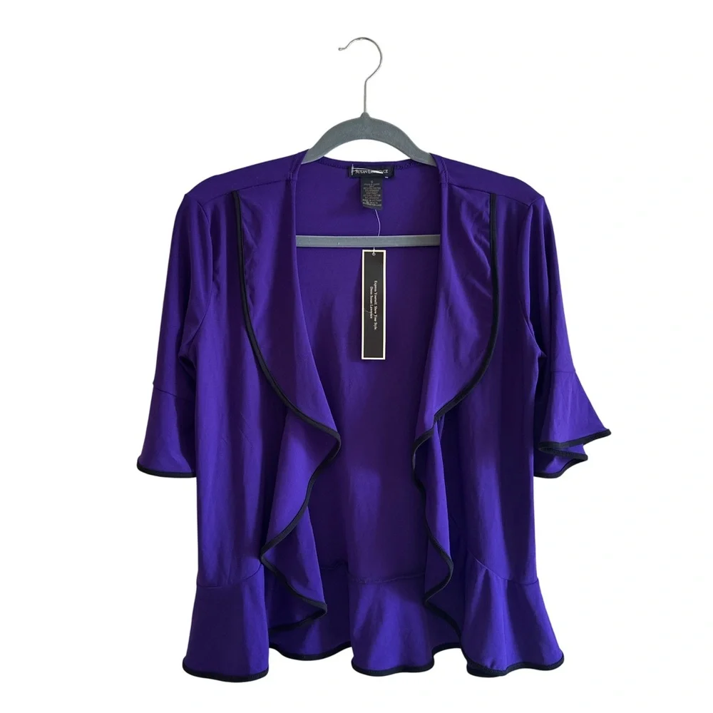 Purple Open Front Ruffle Cardigan Sz S Short Sleeve Black Trim Office Casual